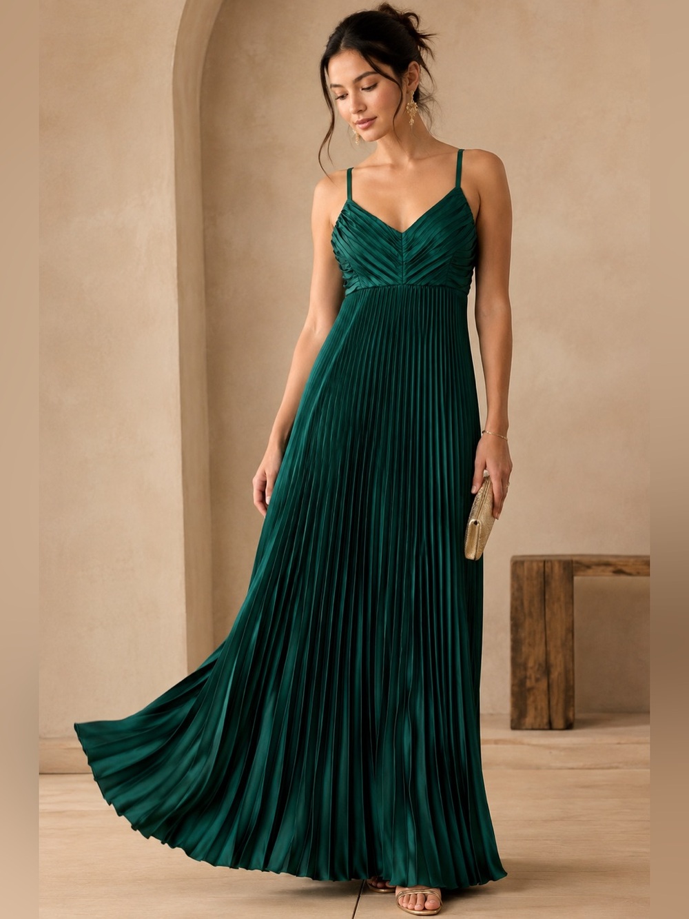 Boston Proper Size 6 Emerald Green Liquid Shine Pleated Maxi Dress Formal Gown - Picture 1 of 6